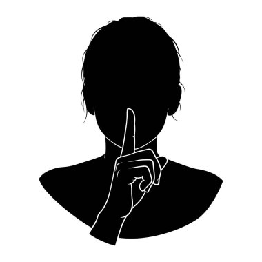 Bir kişinin siyah silueti beyaz bir arkaplana karşı gösterilir. Kişinin sağ eli, işaret parmağı üzerine bastırılarak dudaklarına kaldırılır. Bu da bir 
