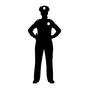 Bir polis memurunun siyah silueti elleri kalçalarının üzerinde duruyor. Subay üniforma giyiyor. İçinde rozet amblemi olan bir şapka, apoletli yakalı bir gömlek, göğsünde bir rozet ve pantolon var. Rakam bir pl 'ye göre ortalanmış.