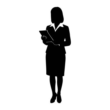 İş kıyafeti giymiş siyah bir kadın silueti elinde bir tablet tutuyor. O, yakalı bir gömlekle takım elbise ve etek giyiyor. Onun saçı bir şilin içinde şekillendirilmiş. Siluet beyaz bir arkaplanda izole edilmiş..