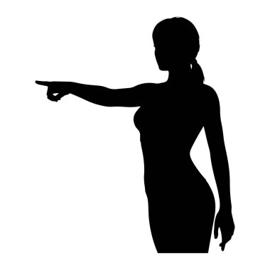 Beyaz arka planda siyah bir kadın silueti tasvir edilir. Yüzü sola dönük ve sağ kolunu öne doğru uzatıyor, işaret parmağı şu yönü işaret ediyor. Saçları at kuyruğu şeklinde geri çekiliyor. Siluet temiz ve temiz. 