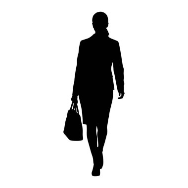 Beyaz bir arka planda yürüyen siyah bir kadın silueti. Etek ve ceketli bir takım elbise giyiyor ve sağ elinde bir evrak çantası taşıyor. Saçları at kuyruğu gibi geriliyor..