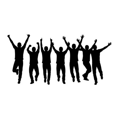 Bir grup siyah siluet beyaz arka plana karşı kollarını kaldırarak atlarken resmedildi. Bazı bireylerin diğerlerinden daha yükseğe zıplamasıyla, pozları heyecan ve zafer taşıyor. Görüntü tam bir siluet.