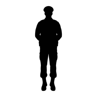 Siyah bir asker silueti beyaz bir arkaplana karşı karşıya duruyor. Asker bir şapka, cepleri, pantolonları ve botları olan bir ceket giyiyor. Şekil tüm vücut görünümünde tasvir edilir.