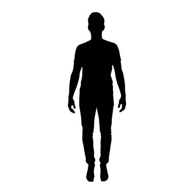Beyaz bir arkaplana karşı duran siyah bir siluet. Bu figür tepeden tırnağa tasvir edilmiş, bir tişört ve kot görünüyor. Kolları gevşek sallanıyor..