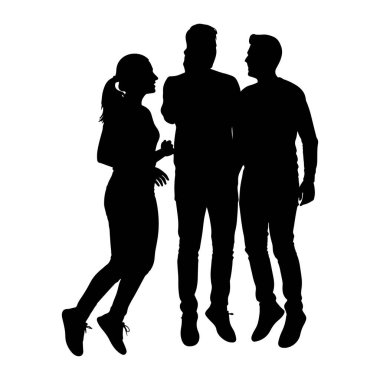 Ayakta duran ve etkileşime geçen üç kişinin siyah silueti. Saçları at kuyruklu bir kadın solda, iki adamla karşı karşıya. İki erkek yan yana duruyorlar, birbirlerine ve kadına hafifçe bakıyorlar. Hepsi kostüm giymiş.