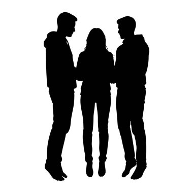 Beyaz bir arkaplanda birbirine yakın duran üç kişilik siyah bir siluet. Şekiller belden yukarısına doğru tasvir edilirken, iki şahıs iç kısımda merkezi bir figüre doğru bakıyor. Duruşları bir diyalog ya da...
