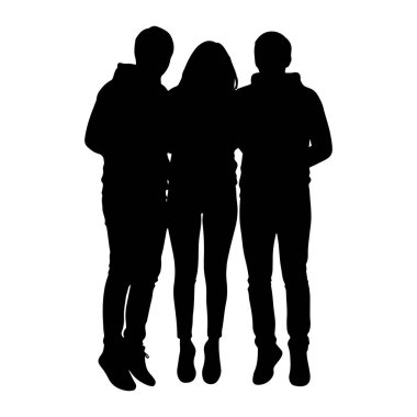 Beyaz arka planda birbirine yakın duran üç kişinin siyah silueti. Rakamlar iki erkek ve bir kadın gibi görünüyor, hepsi de kapüşon ve kot gibi günlük kıyafetler giymiş. Duruşları etkileşim ya da poz verdiklerini gösteriyor.