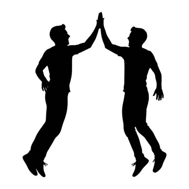 Zıplayan ve birbirlerine beşlik çakan iki adamın siyah silueti. Her ikisi de gündelik kıyafetler giyiyorlar ve havada gibi görünüyorlar. Görüntü beyaz bir arkaplanda izole edilmiş ve katı bir kontrast oluşturuyor. Poz bir kutlama anını çağrıştırıyor.