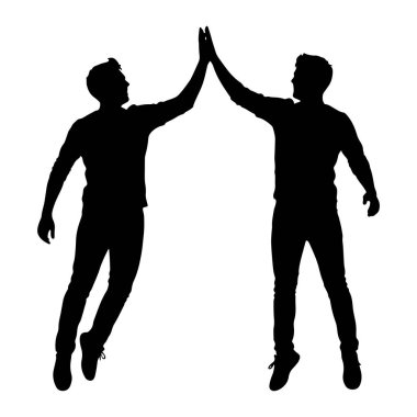 İki adamın yüz yüze siyah silueti ve beyaz bir arka plana karşı beşlik çakması. Her iki adam da gündelik kıyafetlerle resmedilmiş, biri havada ya da atlıyor gibi görünüyor. Elleri kalkar ve ortada buluşurlar. 