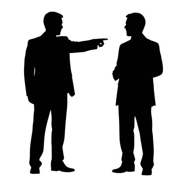 Ayakta ve yüz yüze duran iki adamın siyah silueti. Soldaki adam işaret parmağını sağdaki adama doğrultuyor, o da ellerini sıkarak ona bakıyor. İki adam da takım elbise giyiyor. Arkaplan beyaz.