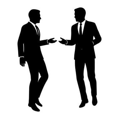 Resmi takım elbiseli iki adamın siyah silueti birbirine bakıyor ve sohbet ediyor gibi görünüyor. Elleri açık, etkileşim ya da potansiyel bir tokalaşma olabilir. Şekiller düz beyaz bir arkaplan üzerinde tasvir edilir.