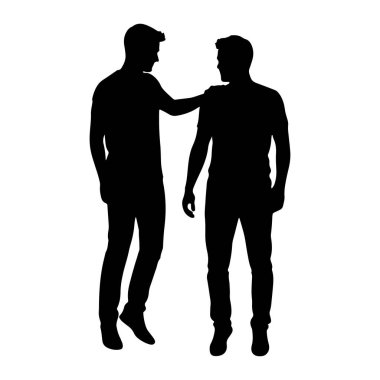 Beyaz arka planda duran ve etkileşime geçen iki adamın siyah silueti. Bir adamın eli diğerinin omzunda. Her ikisi de belden yukarı, alt gövdeleri ve bacakları görünür bir şekilde tasvir edilir. Şekiller simsiyah ve d harfi yok.