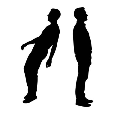 Beyaz arka planda iki siyah erkek silueti tasvir ediliyor. Soldaki adam kolları gevşek bir şekilde geriye doğru eğiliyor. Sağdaki adam dimdik ayakta, sağa bakıyor. Her iki figür de profil olarak gösterilir ve t