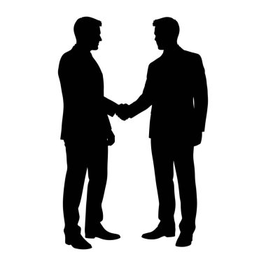 Siluetli iki adam beyaz arka planda el sıkışıyor. Her iki adam da takım elbise giyiyor ve bir iş anlaşması yapıyor gibi görünüyorlar. Görüntü, profesyonel bir etkileşimin katıksız siyah beyaz bir temsili..
