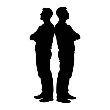 Sırt sırta verip kollarını kavuşturan iki adamın siyah silueti. Rakamlar birbirine dönük ve profilleri beyaz arka planda görülebiliyor. Görüntü, yorumuna bağlı olarak bir muhalefet veya birlik duygusu iletir.