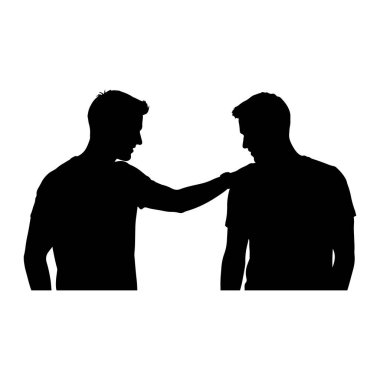 İki adamın yüz yüze olduğu siyah bir siluet. Bir adam elini diğerinin omzuna koyuyor destek ya da rahatlık için. Arkaplan düz beyaz.
