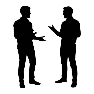 Ayakta ve yüz yüze duran iki adamın siyah silueti. Her iki şahıs da kendi noktalarını vurgulamak için el hareketleriyle konuşuyorlar. Şekiller tepeden tırnağa bembeyaz bir zemin üzerinde tasvir ediliyor..