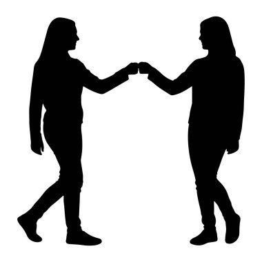 İki insanın yüz yüze olduğu siyah bir siluet. Yumrukları yumruk tokuşturma hareketine dokunuyor. Soldaki kişi sağa doğru yürürken, sağdaki kişi hareketsiz duruyor. İki figür de tepeden tırnağa tasvir edilmiş.