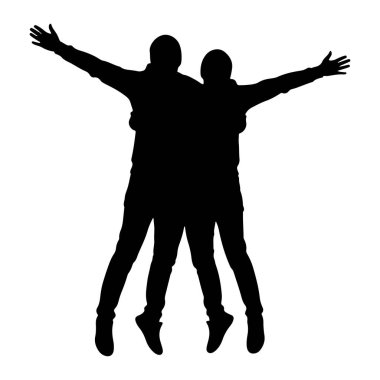 İki kişinin siyah silueti kollarını beyaz bir arka plana uzatarak atlıyor. Vücutları birbirine yakın, bu da aralarında bir bağlantı olduğunu gösteriyor. Rakamlar havada, bir özgürlük ve coşku hissi taşıyorlar.