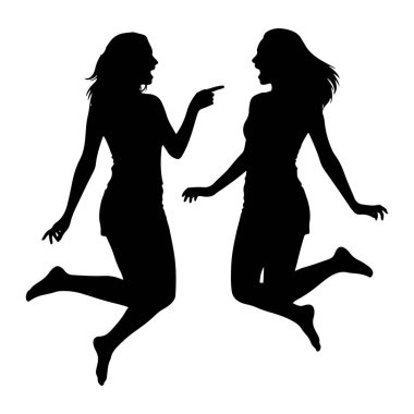 Beyaz arka planda havaya zıplayan iki kadının siyah silueti. Soldaki kadın sanki konuşuyormuş gibi ağzı açık olan sağdaki kadını işaret ediyor. Her iki figür de bacaklarıyla havada resmedilmiş.
