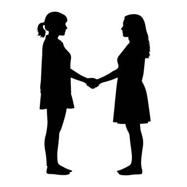 İki kadının yüz yüze olduğu ve el sıkıştığı siyah bir siluet. Soldaki kadının saçları at kuyruklu, sağdaki kadının da uzun, dalgalı saçları var. Her ikisi de basit elbiseler giyiyor. Arkaplan beyaz.