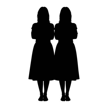 İki kadının yan yana duran ve kollarını kavuşturan siyah bir silueti. Dizlerinin altına uzanan elbiseler giyiyorlar. Şekiller aynı ve birbirlerini yansıtıyorlar gibi görünüyor. Arkaplan beyaz.
