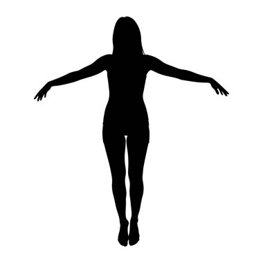 Siyah bir kadın silueti kollarını yanlara doğru açmış duruyor. Vücudu ince ve bacakları bir arada. Arka plan bembeyaz..