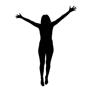 Siyah bir siluet. Kolları yukarı ve dışarı doğru düz beyaz bir arka plana doğru uzanmış bir kadın. Vücudu öne bakıyor ve bacakları hafifçe ayrık. Silüet temiz ve keskin, insan formunu ve gestur 'u vurguluyor.