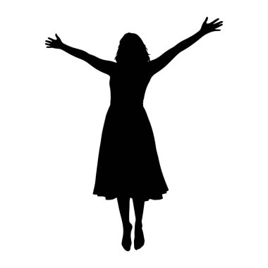 Kolları açık bir şekilde ayakta duran bir kadının tüm vücudu silueti. O, belden parlayan bir elbise giyiyor. Siluet, düz beyaz bir arkaplana karşı simsiyah..