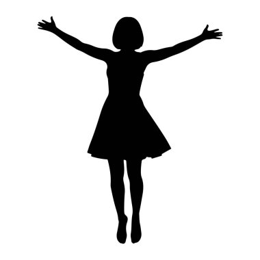 Siyah bir siluet, kollarını iki yana açmış duran bir kadın. Kısa, parlak bir elbise giyiyor ve kısa saçları var. Arkaplan düz beyaz.