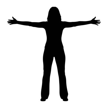 Siyah bir siluet, kollarını yatay olarak yana açmış duran bir kadın. Saçları omuz hizasında ve alevli pantolon giyiyor. Siluet beyaz bir arkaplanda izole edilmiş..