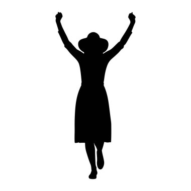 Siyah bir kadın silueti kollarını kaldırıp kutlama ya da zafer jesti yapar. O bir şapka ve uzun bir elbise giyiyor. Bu figür, dinamik bir hareket ve zafer hissi veren beyaz bir arkaplan karşısında izole edilmiştir..