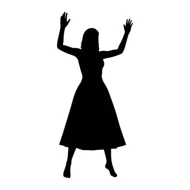 Siyah bir kadın silueti kollarını kaldırıp dans ediyor. Dolu, parlak bir elbise giyiyor. Şekil beyaz bir arkaplanda izole edilmiş, hareket ve ifade duygusu iletiliyor.