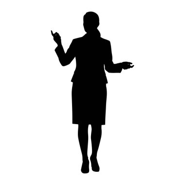 Ayakta duran ve elleriyle hareket eden siyah bir kadın silueti. Takım elbise, etek ve topuklu ayakkabı giyiyor. Saçları geri çekilmiş. Arkaplan beyaz.