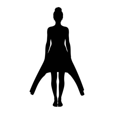 Kolları dışa doğru açılmış, çan şeklinde bir elbisenin kenarlarını tutan siyah bir kadın silueti. Saçları topuz şeklinde. Arkaplan düz beyaz.