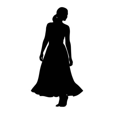 Beyaz arka planda duran siyah bir kadın silueti. Bacaklarını saran uzun, dalgalı bir elbise giyiyor. Saçları at kuyruğu şeklinde geri çekiliyor ve seyirciden uzağa bakıyor. Görüntü basit, temiz bir özet. 