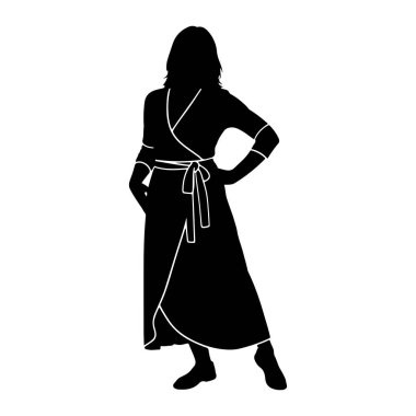 Sol eli kalçasında duran siyah bir kadın silueti. Uzun, dalgalı bir elbise giyiyor. Bel ve uzun kolları var. Elbisenin sarmalama tarzı var. Ayakları görünür durumda ve düz ayakkabı giyiyor gibi görünüyor. Arka tarafta.