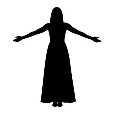 Siyah bir kadın silueti kollarını yanlara doğru açmış duruyor. O, yere uzanan uzun, dalgalı bir elbise giyiyor. Saçları uzun ve omuzlarını örtüyor. Arkaplan düz beyaz.