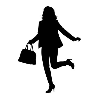 Beyaz arka planda, iş kıyafeti giymiş siyah bir kadın silueti tasvir ediliyor. Takım elbise ceketi, pantolonu ve yüksek topuklu ayakkabıları var. Kadın dinamik bir pozda, bir bacağı bükük ve kaldırılmış, ve çantasında bir çanta taşıyor.