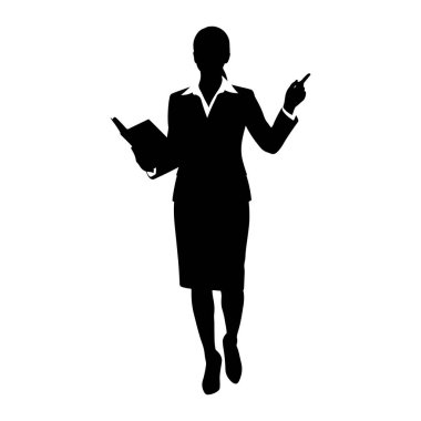 Siyah bir kadın silueti beyaz bir arkaplanda duruyor. O, etekli resmi bir takım elbise ve sivri yakalı bir bluz giyiyor. Sol kolunda açık bir kitap tutuyor ve sağ işaret parmağıyla işaret ediyor. Saçları geriye doğru çekilmiş.