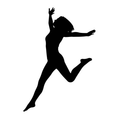 Havada hareketli bir şekilde zıplarken yakalanmış siyah bir kadın silueti. Kolları yukarı ve dışarı doğru uzanıyor, vücudu kavisli ve bir bacağı bükülmüş, diğeri ise uzatılmış. Şekil, düz beyaz bir arkaplanda izole edilmiştir.