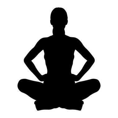 Nilüfer pozu vermiş, elleri kalçasında siyah bir kadın silueti. Sırtı dik ve başı dik bir şekilde bacak bacak üstüne atmış oturuyor. Arka plan saf beyaz, siluetin katıksız kontrastını vurguluyor..