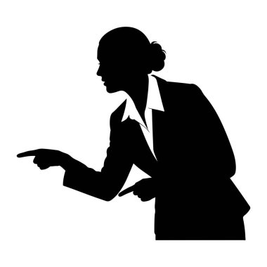 İş elbisesi ve yakalı gömlekli bir kadının siyah silueti göğüsten yukarıya doğru gösteriliyor. Saçları topuz şeklinde. Soluna bakıyor ve işaret parmaklarıyla şu yönü işaret ediyor, yön ya da talimat öneriyor. Şey...