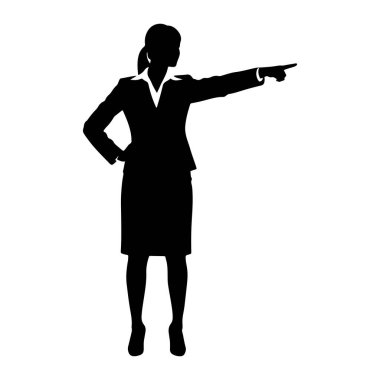 İş elbisesi ve etek giymiş siyah bir kadın silueti bir eli kalçasında diğeriyse işaret parmağıyla öne doğru uzanıyor. Çerçevenin soluna bakıyor. Arka plan bembeyaz..