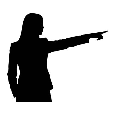 Takım elbiseli bir kadının siyah silueti işaret parmağını öne ve sağa doğru gösteriyor. Saçları uzun ve düz, ve kafası yana doğru çevrilmiş, işaret ettiği yöne bakıyor. Resim beyaz bir arkaplanda izole edilmiştir.