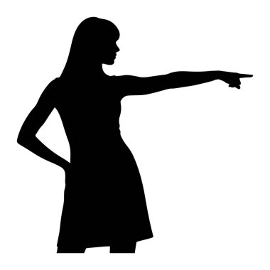 Profilde bir kadının siyah silueti beyaz bir arkaplanda gösteriliyor. O bir elbise giyiyor ve sol eli kalçasında. Sağ kolu öne doğru uzanıyor ve işaret parmağı sağ tarafı işaret ediyor..