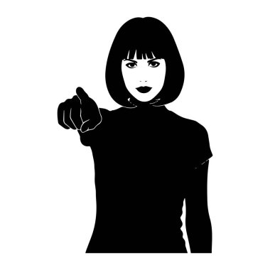 Kısa saç kesimi ve koyu rujlu siyah bir kadın silueti işaret parmağını doğrudan izleyiciye doğrultuyor. İfadesi yoğun ve doğrudan, gözleri ileri odaklı. Siluet, düz beyaz bir arkaplan üzerinde titizlikle durmaktadır.