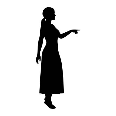 Profil üzerinde duran, sağa bakan siyah bir kadın silueti. Sol kolunu uzatmış ve işaret parmağı öne bakıyor. Uzun, dalgalı bir elbise giyiyor ve saçları at kuyruğu şeklinde geri çekiliyor. Sol ayağı çıplak ve biraz dinleniyor.