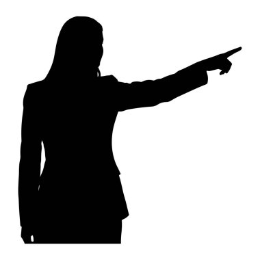 İş elbisesi giymiş bir kadının siyah silueti göğsünden yukarı, sağ kolu açık ve işaret parmağı sağı işaret ediyor. Onun saçı uzun ve düz. Arkaplan bembeyaz, siyah Sil ile tam bir kontrast oluşturuyor.
