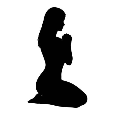 Bir kadının siyah silueti, elleri göğsünün önünde sıkıca bağlı bir şekilde diz çöküyor, dua ediyormuş gibi ya da derin bir tefekkür içindeymiş gibi görünüyor. Kafası hafifçe eğilmiş ve uzun saçları sırtından aşağı düşüyor. Rakam bir pla 'ya karşı izole.